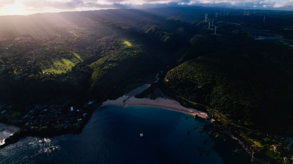 Windmills Solar Waimea Bay Sailing Sunrise Oahu Hawaii Landscape Drone